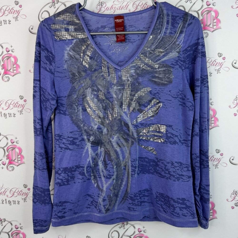 Olsen Europe long sleeve stripes shiny silver  Blue Patterned Long Sleeve Top